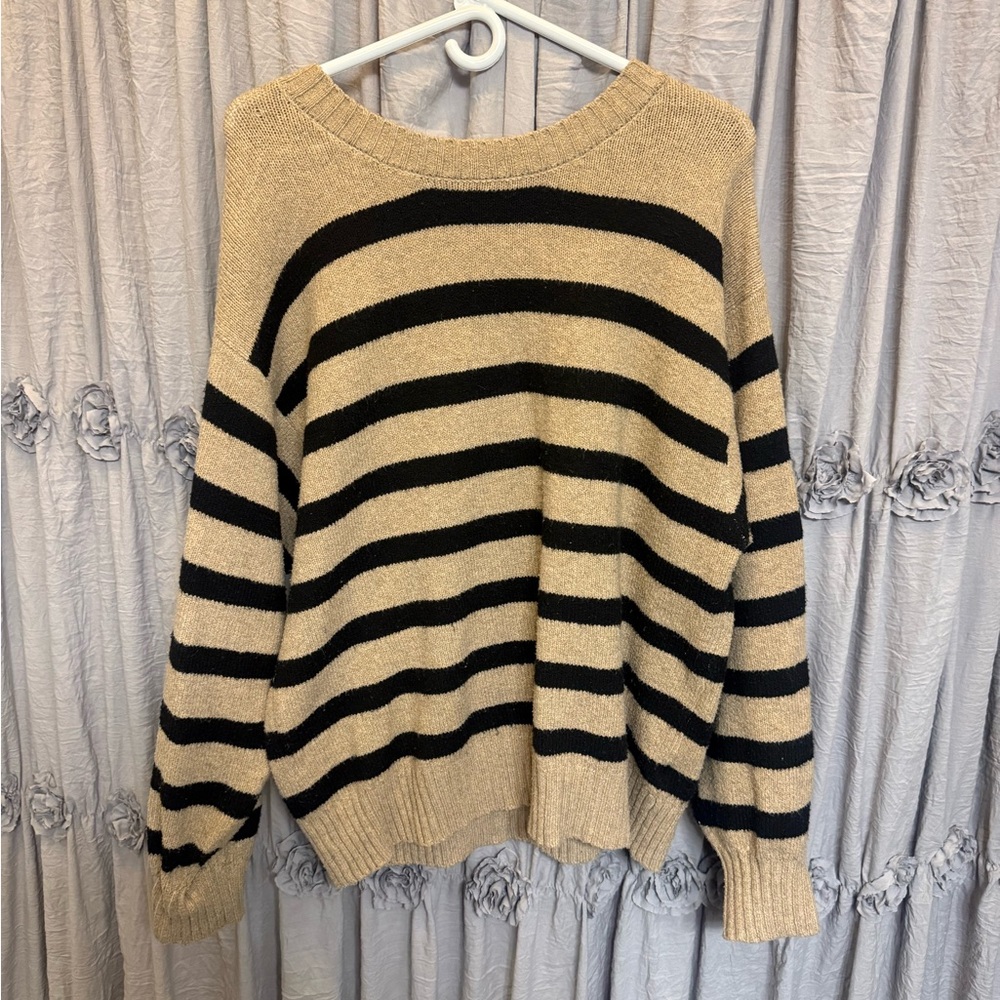 By Together Black and Cream Striped Knit Crewneck Sweater